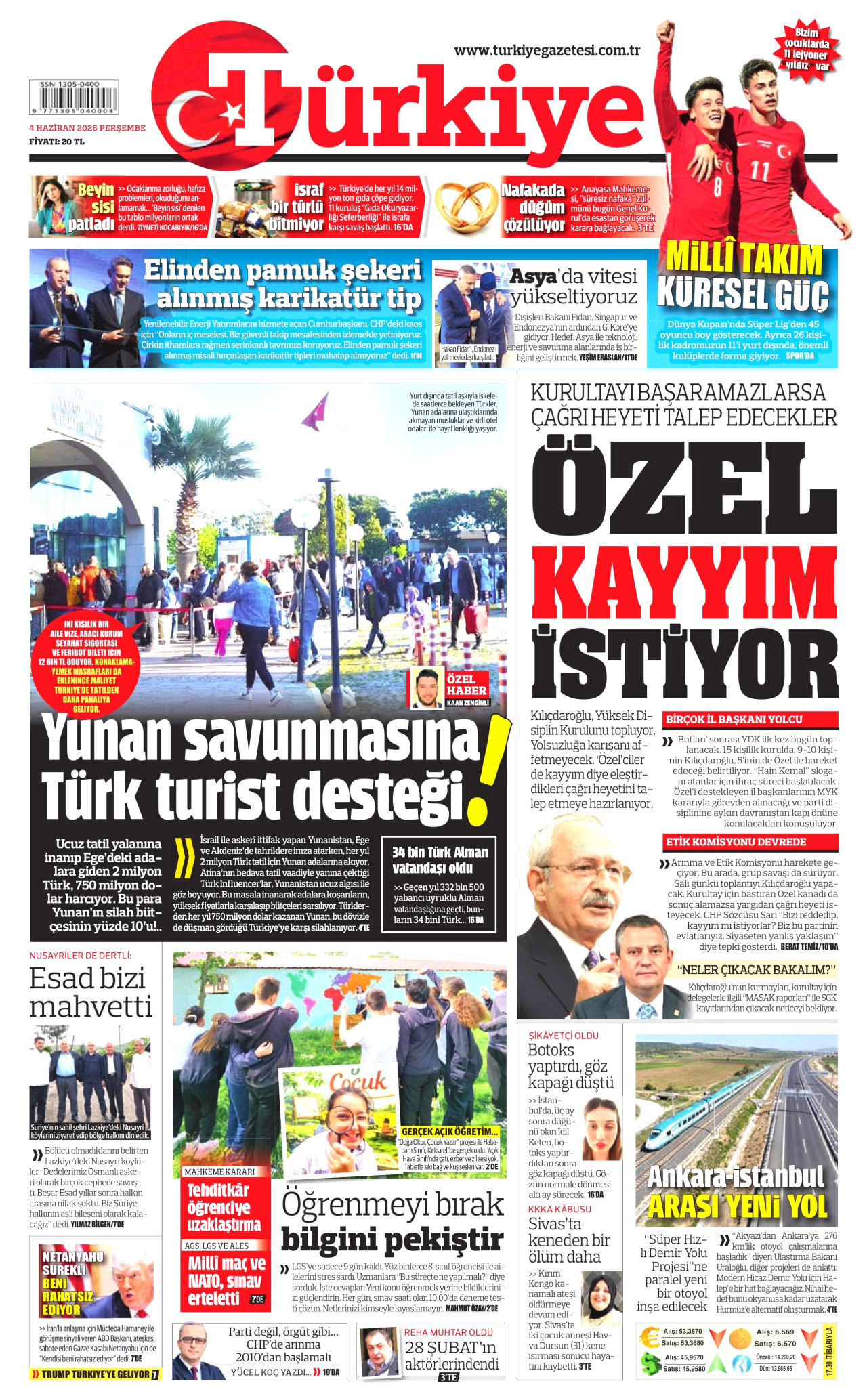 TÜRKİYE GAZETESİ gazetesinin 4 Haziran 2026 tarihli birinci sayfası
