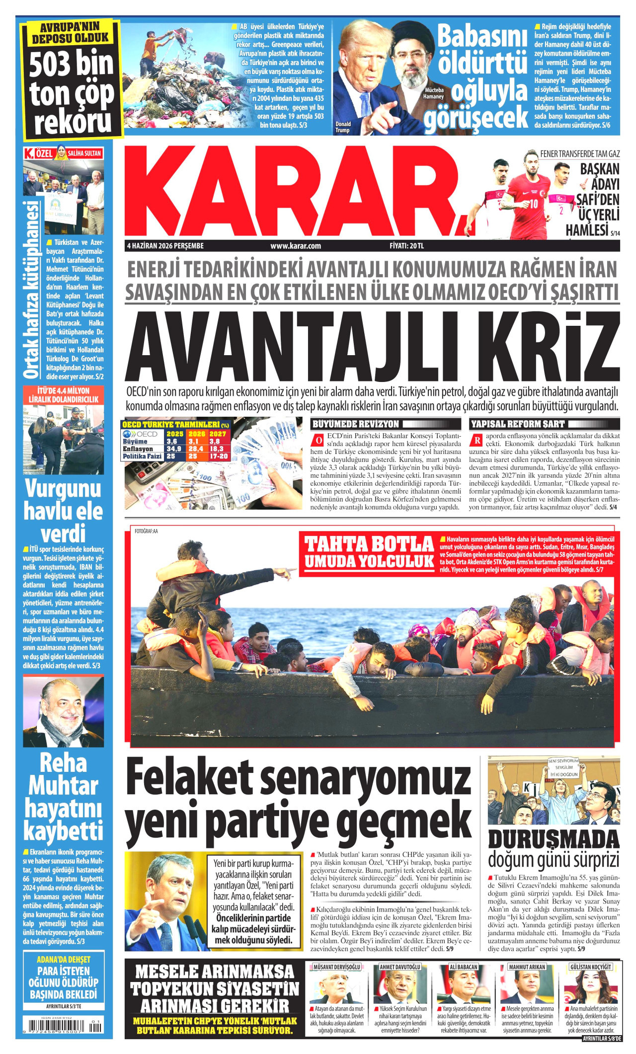 KARAR gazetesinin 4 Haziran 2026 tarihli birinci sayfası