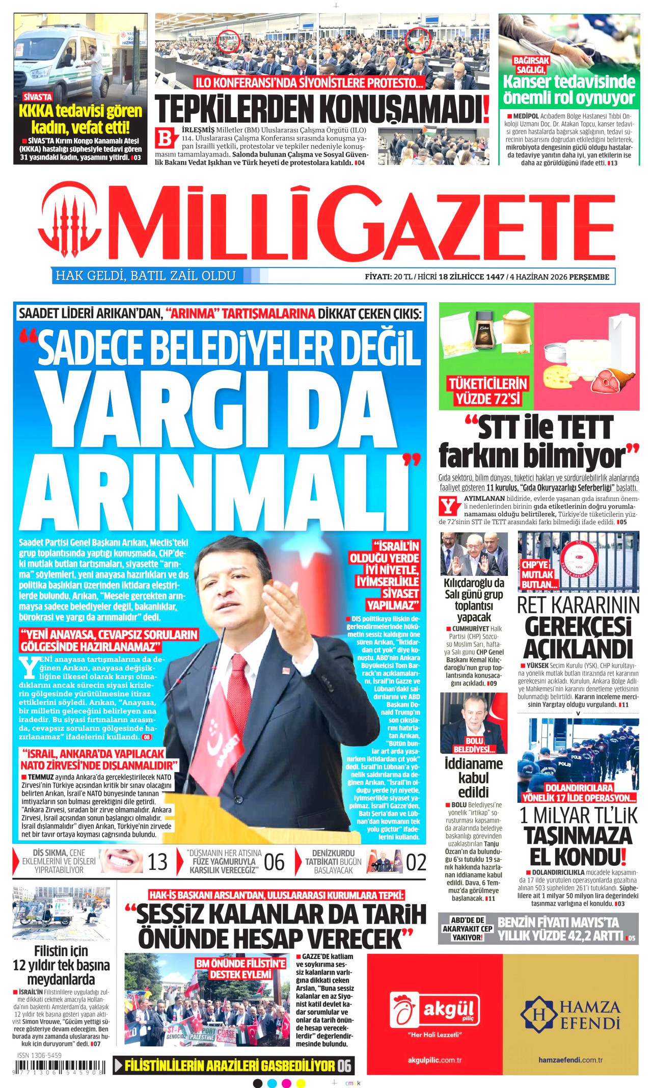 MİLLİ GAZETE gazetesinin 4 Haziran 2026 tarihli birinci sayfası