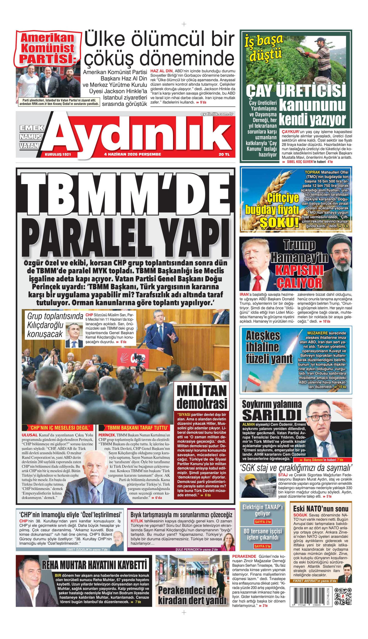 AYDINLIK GAZETESİ gazetesinin 4 Haziran 2026 tarihli birinci sayfası