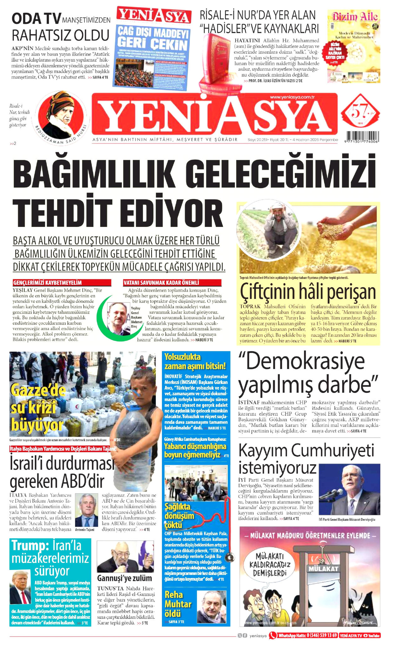 YENİ ASYA gazetesinin 4 Haziran 2026 tarihli birinci sayfası