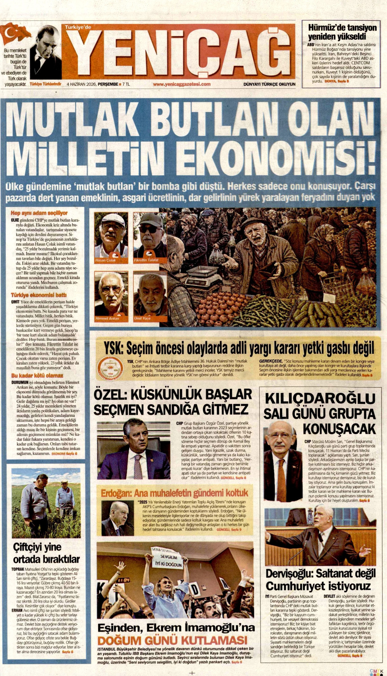 YENİÇAĞ gazetesinin 4 Haziran 2026 tarihli birinci sayfası