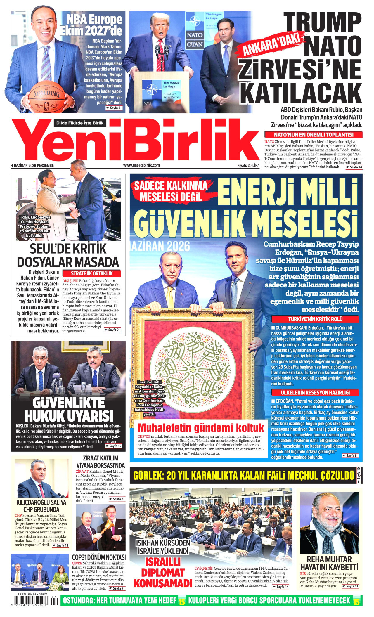 YENİBİRLİK gazetesinin 4 Haziran 2026 tarihli birinci sayfası