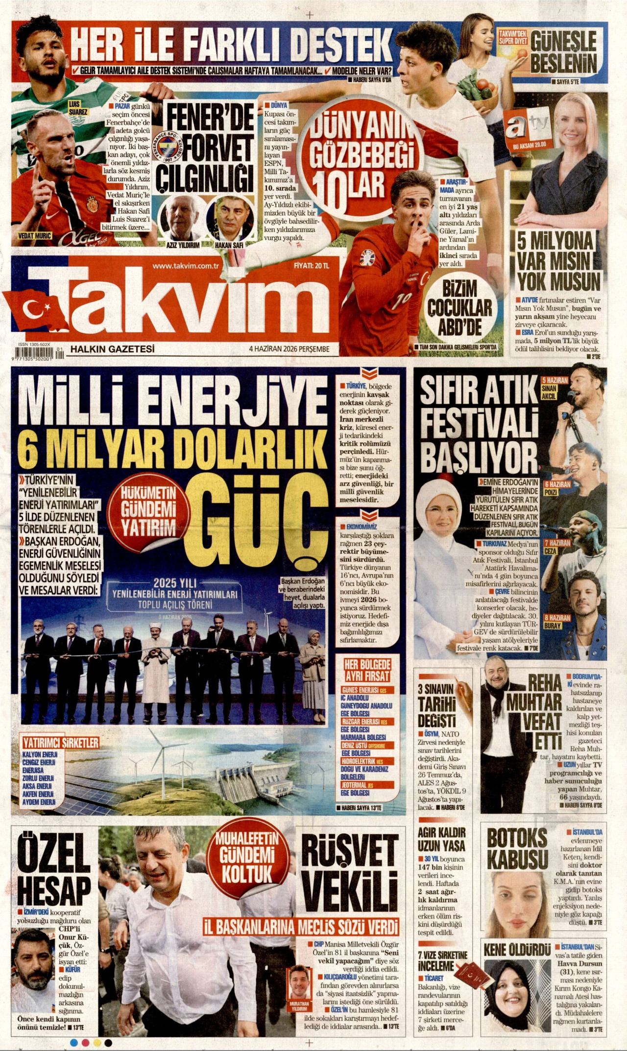 TAKVİM gazetesinin 4 Haziran 2026 tarihli birinci sayfası