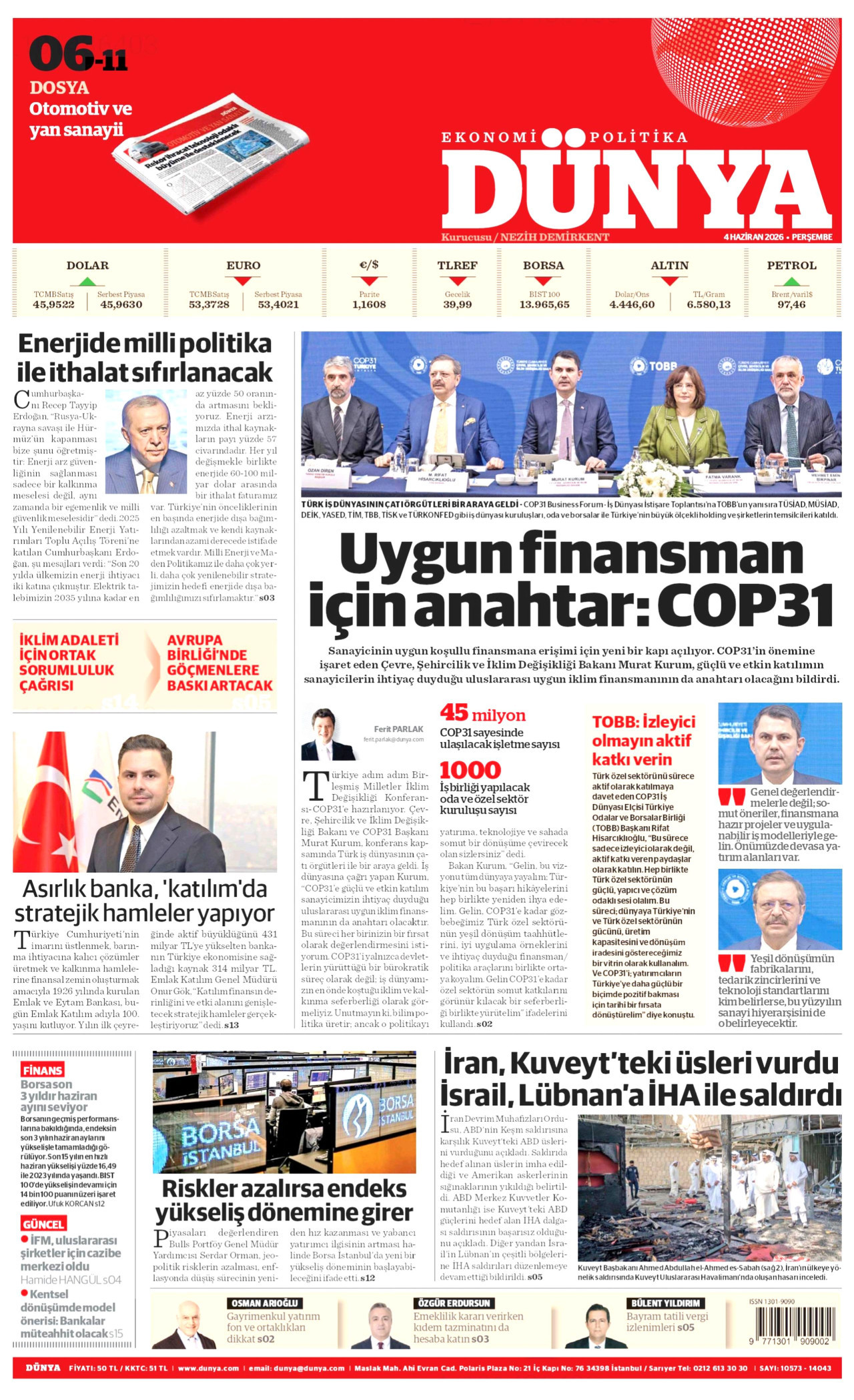 DÜNYA gazetesinin 4 Haziran 2026 tarihli birinci sayfası