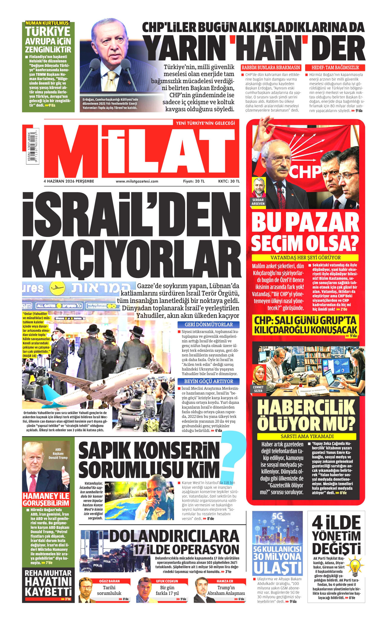 MİLAT gazetesinin 4 Haziran 2026 tarihli birinci sayfası