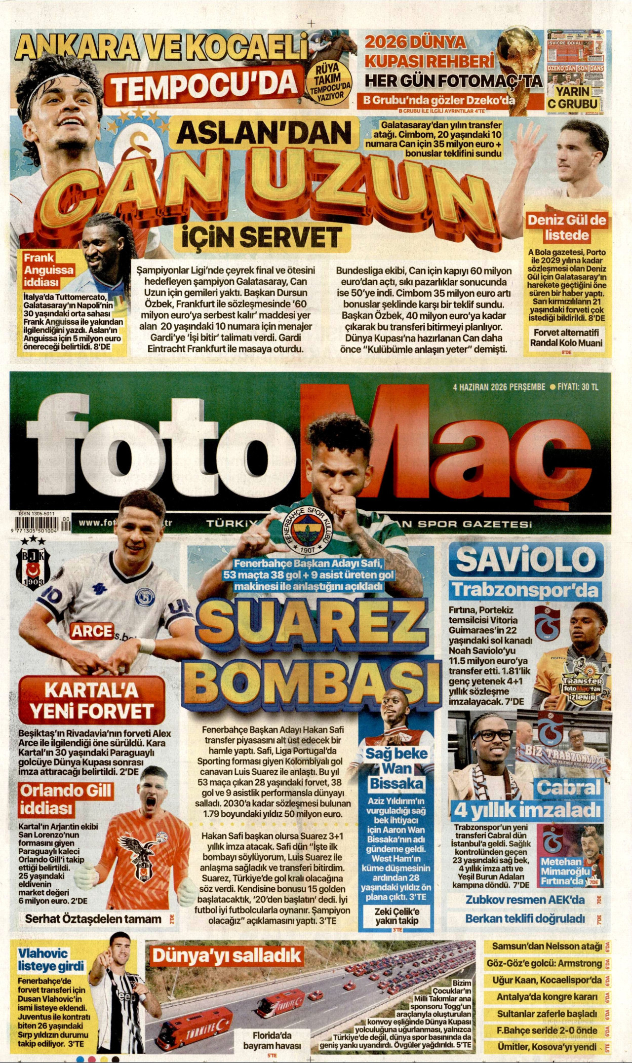 FOTOMAÇ gazetesinin 4 Haziran 2026 tarihli birinci sayfası