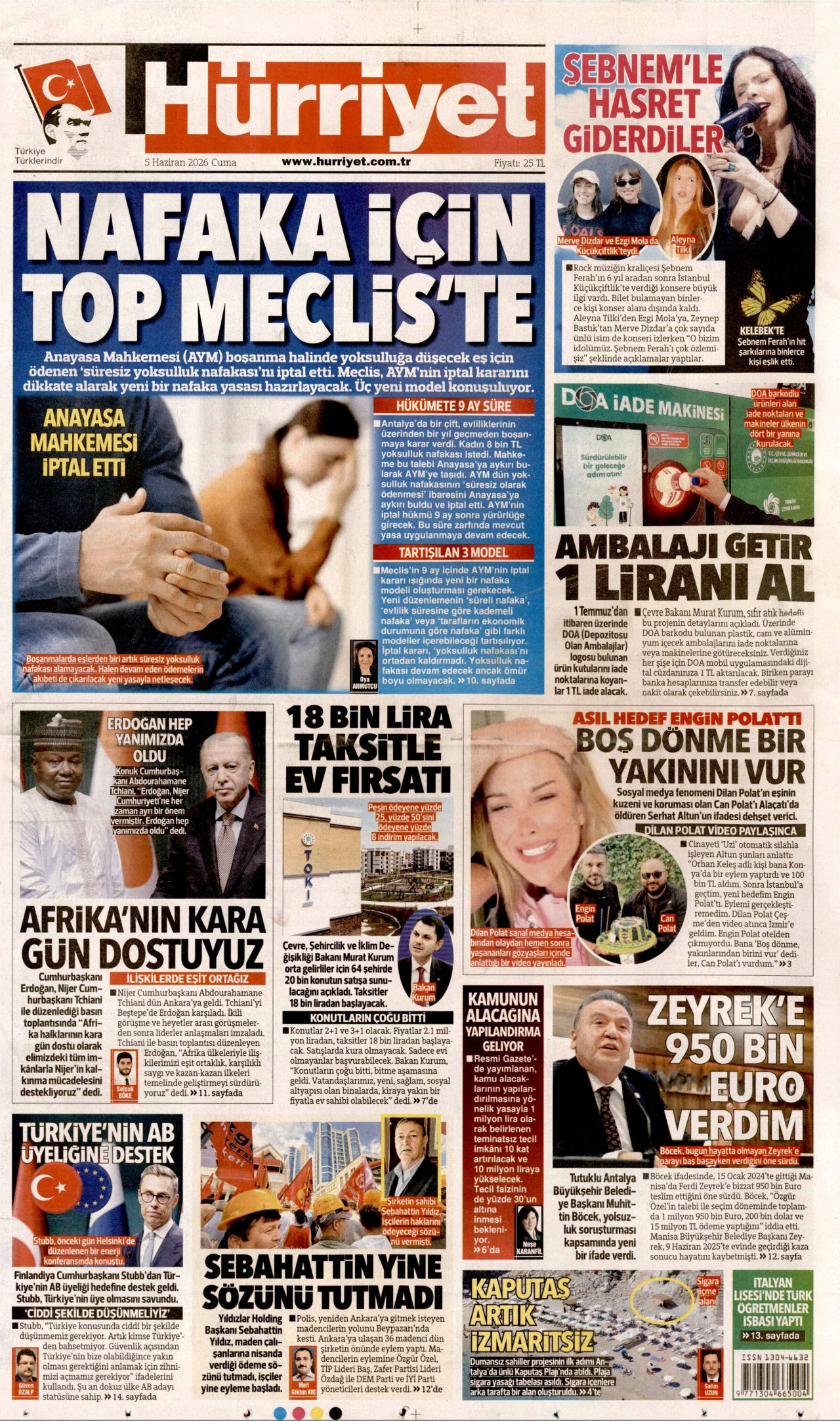 HÜRRİYET gazetesinin 5 Haziran 2026 tarihli birinci sayfası
