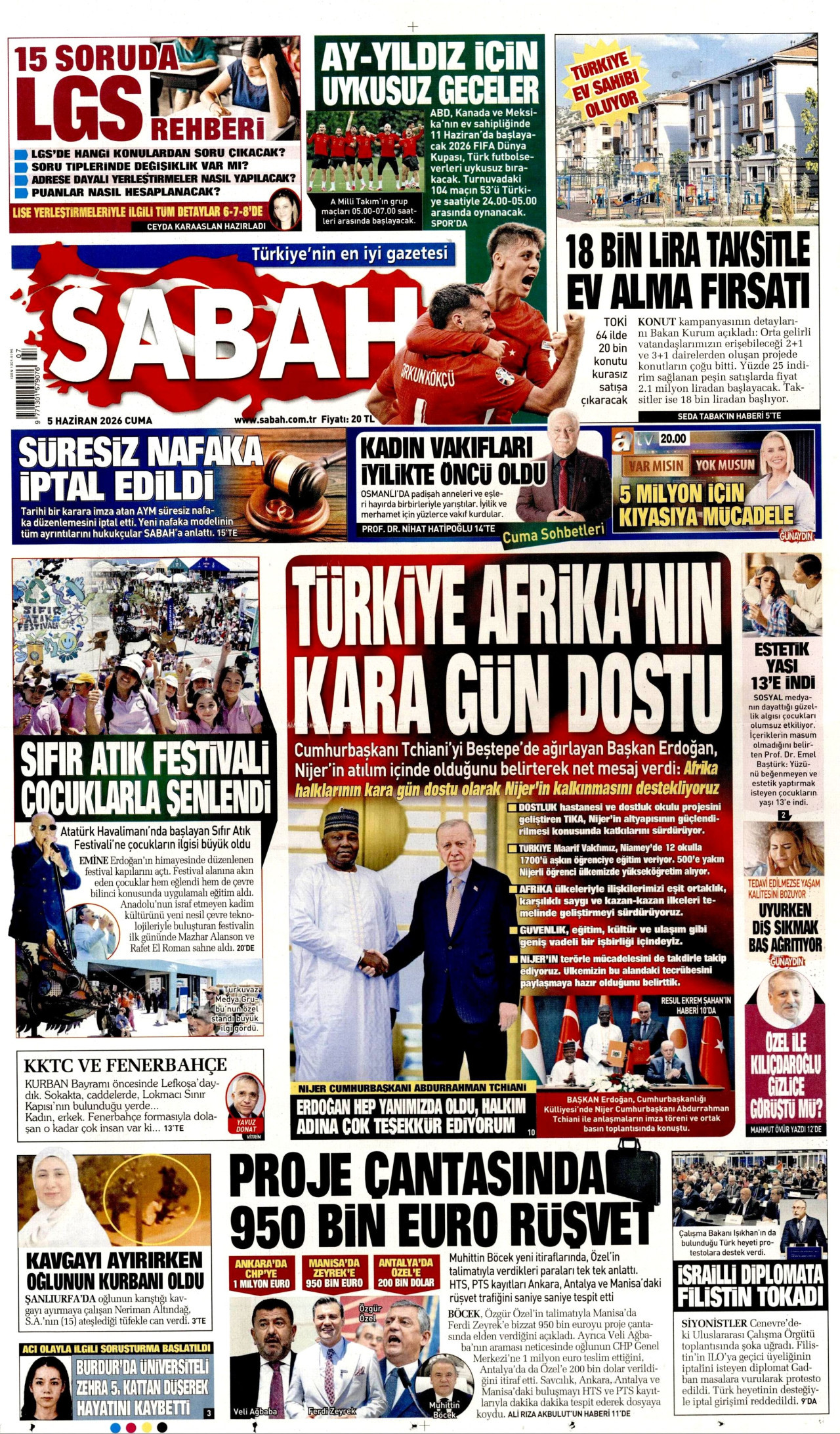 SABAH gazetesinin 5 Haziran 2026 tarihli birinci sayfası