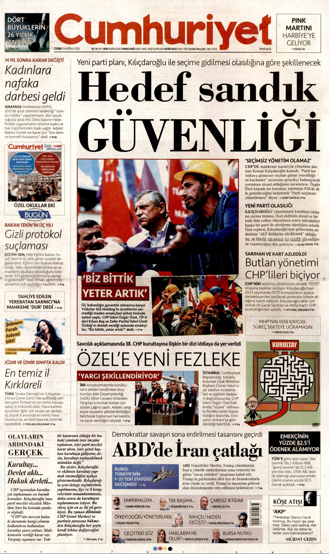 CUMHURİYET gazetesinin 5 Haziran 2026 tarihli birinci sayfası