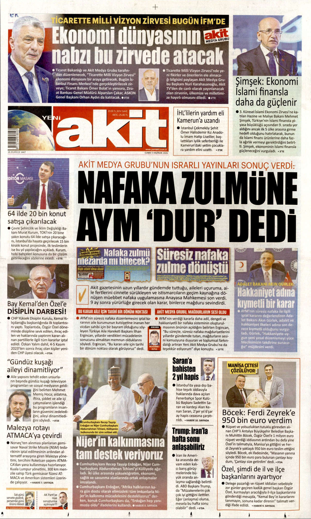 YENİ AKİT gazetesinin 5 Haziran 2026 tarihli birinci sayfası