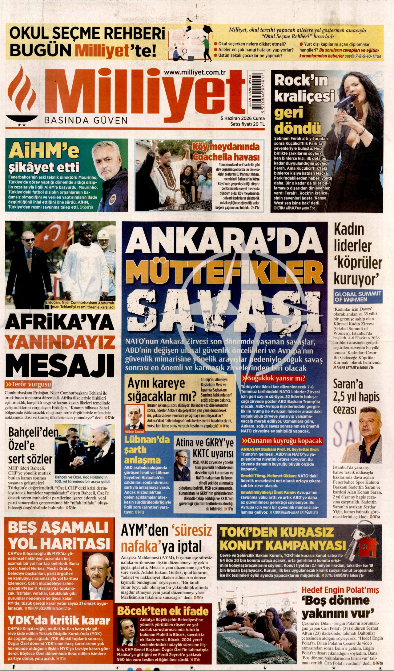MİLLİYET gazetesinin 5 Haziran 2026 tarihli birinci sayfası