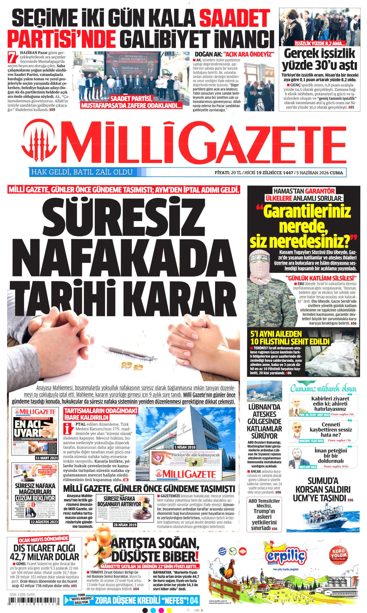 MİLLİ GAZETE gazetesinin 5 Haziran 2026 tarihli birinci sayfası