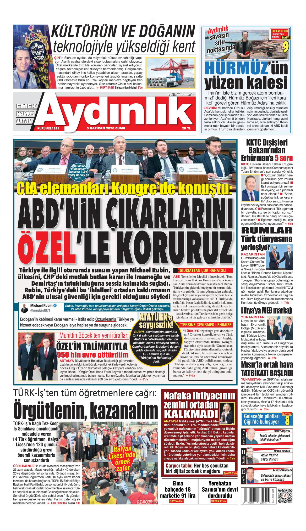 AYDINLIK GAZETESİ gazetesinin 5 Haziran 2026 tarihli birinci sayfası