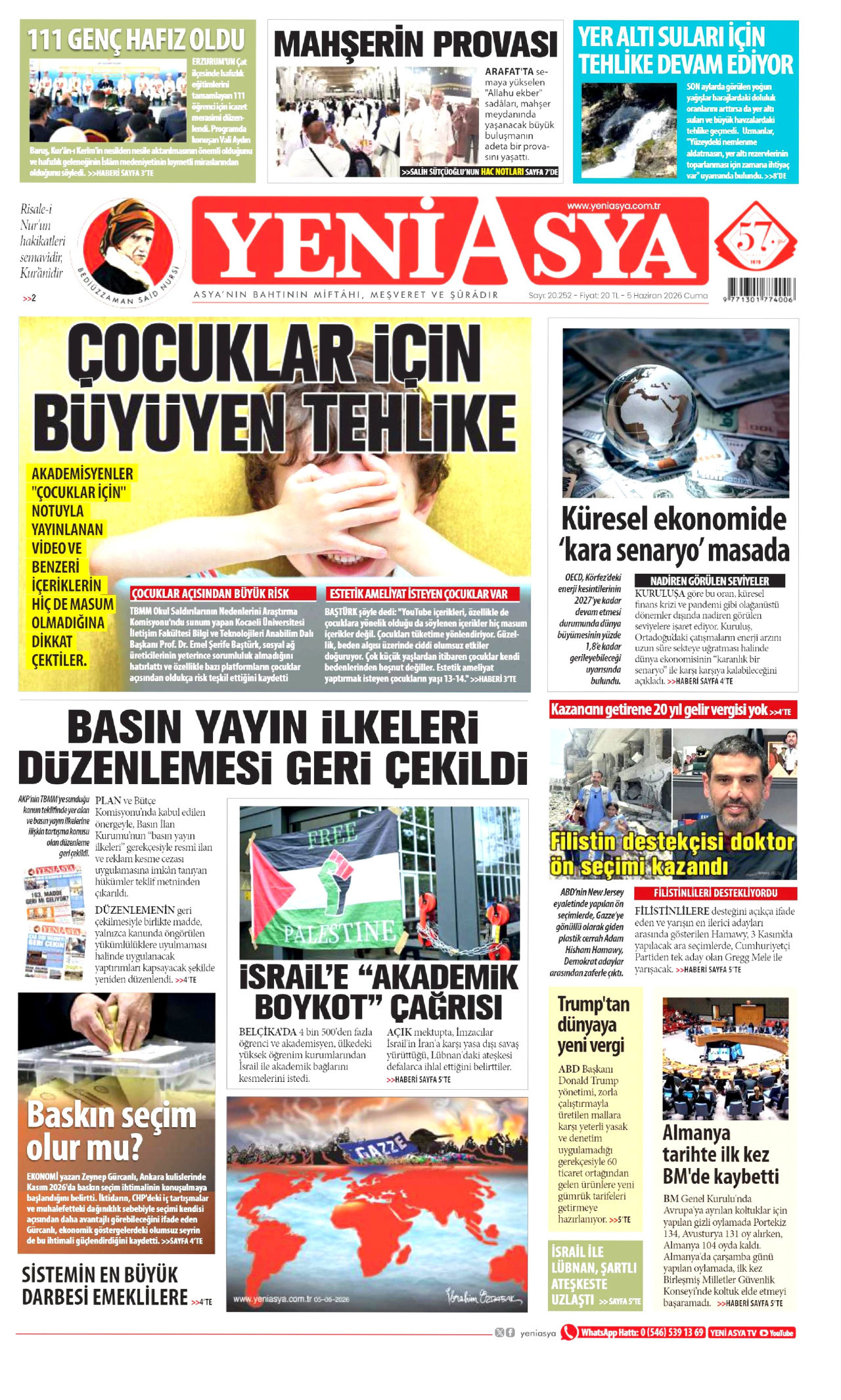 YENİ ASYA gazetesinin 5 Haziran 2026 tarihli birinci sayfası