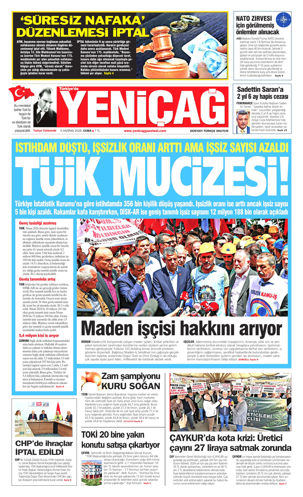 YENİÇAĞ gazetesinin 5 Haziran 2026 tarihli birinci sayfası