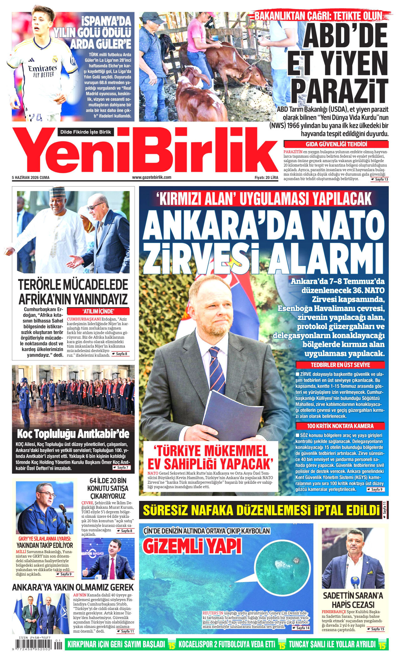 YENİBİRLİK gazetesinin 5 Haziran 2026 tarihli birinci sayfası