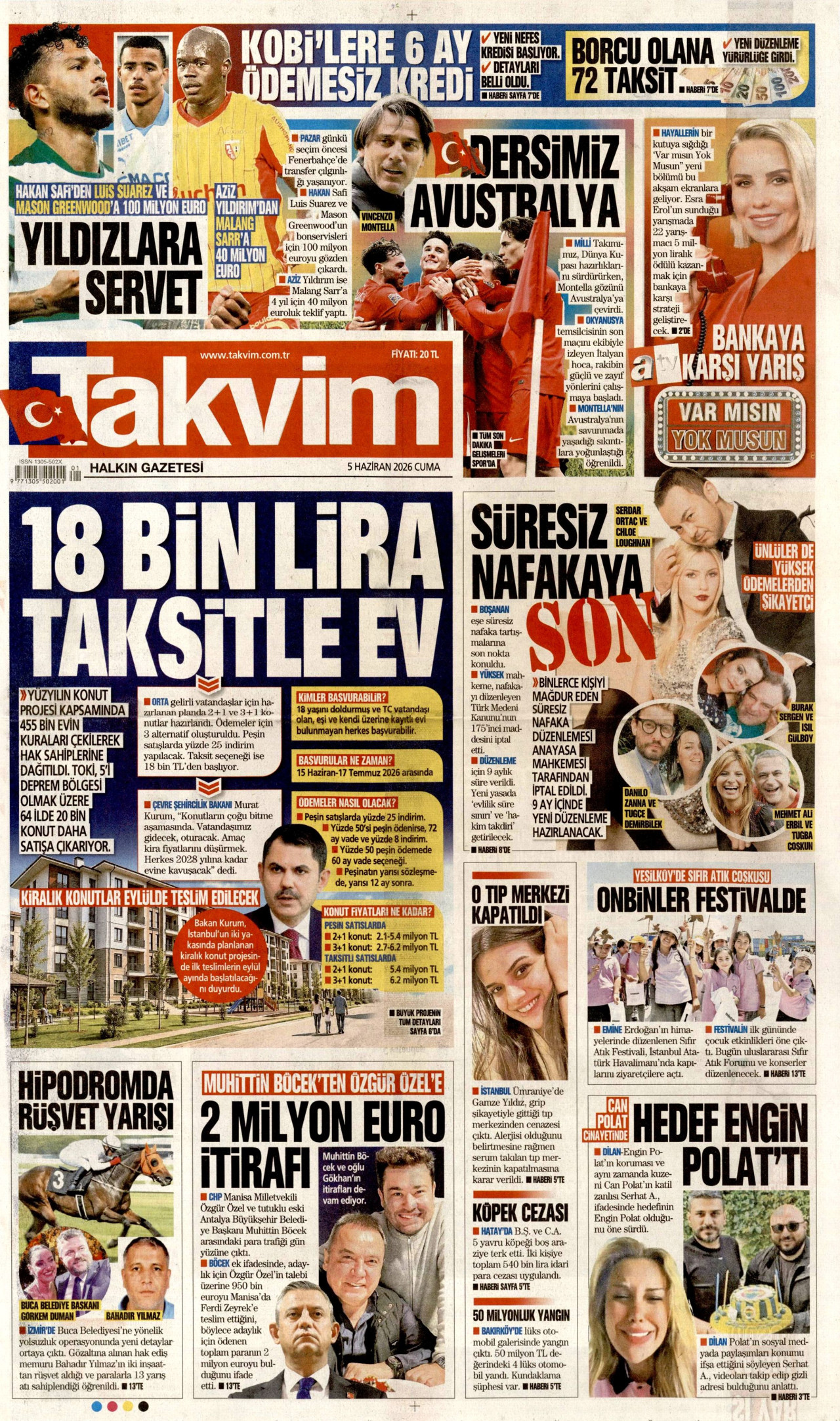 TAKVİM gazetesinin 5 Haziran 2026 tarihli birinci sayfası