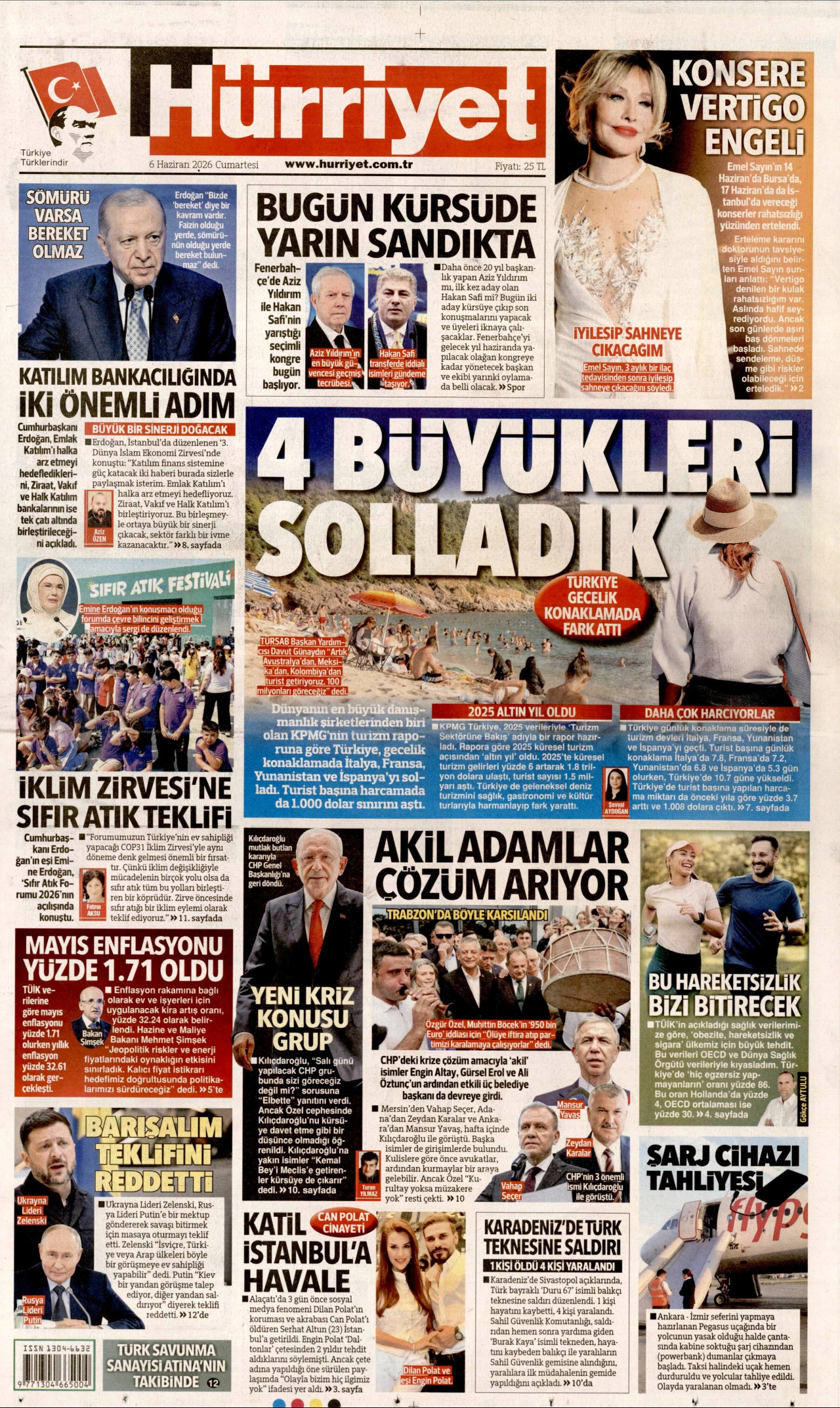 HÜRRİYET gazetesinin 6 Haziran 2026 tarihli birinci sayfası