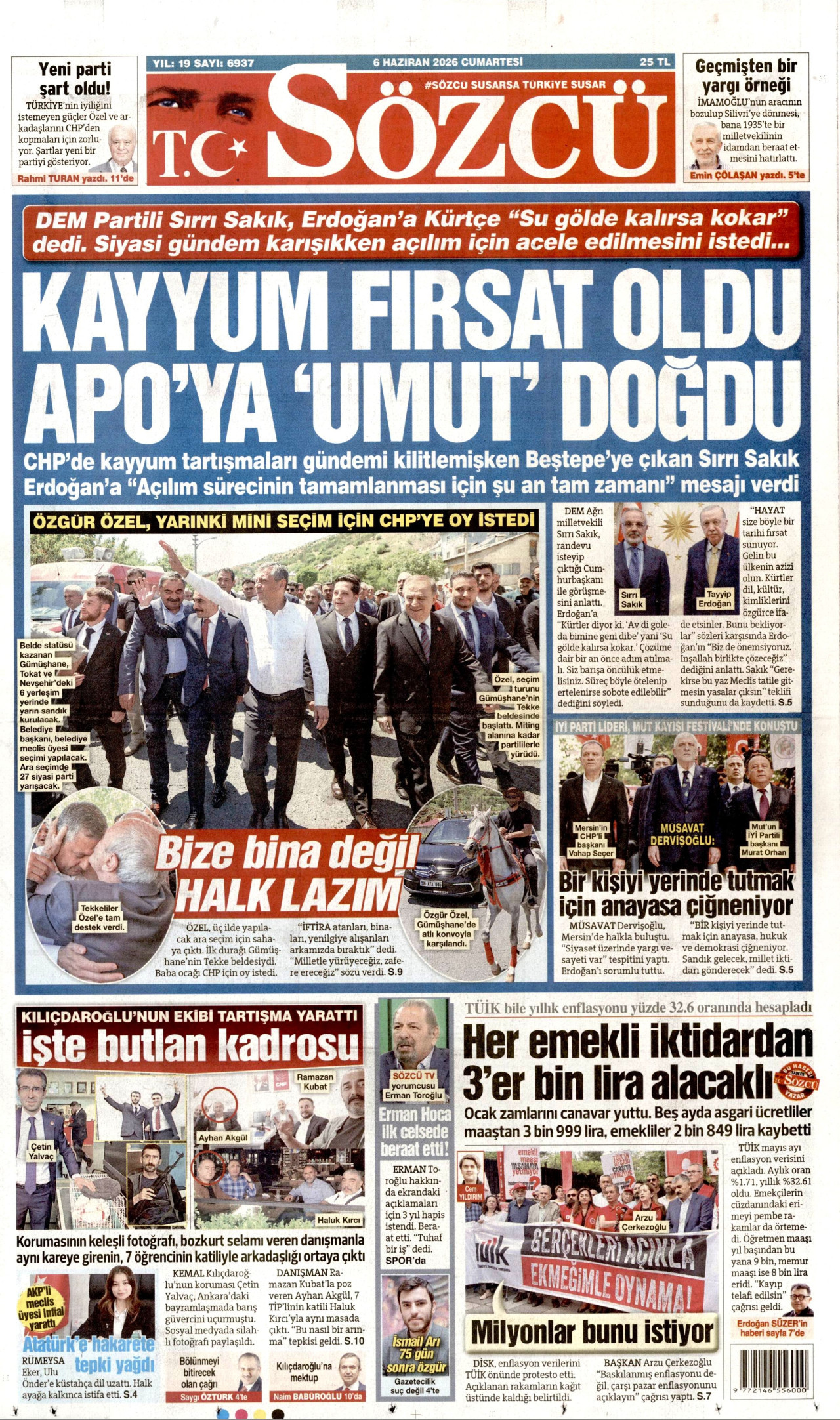 SÖZCÜ gazetesinin 6 Haziran 2026 tarihli birinci sayfası