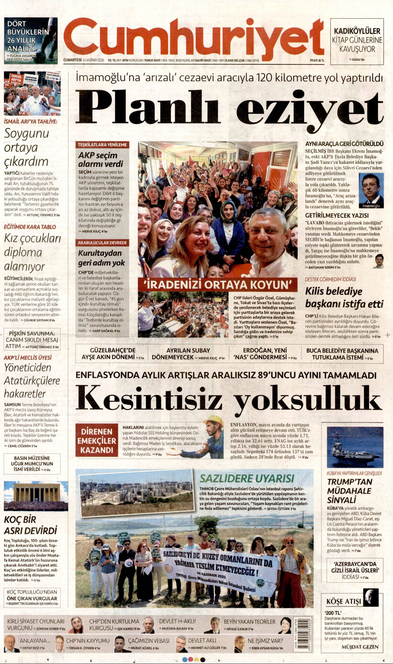 CUMHURİYET gazetesinin 6 Haziran 2026 tarihli birinci sayfası