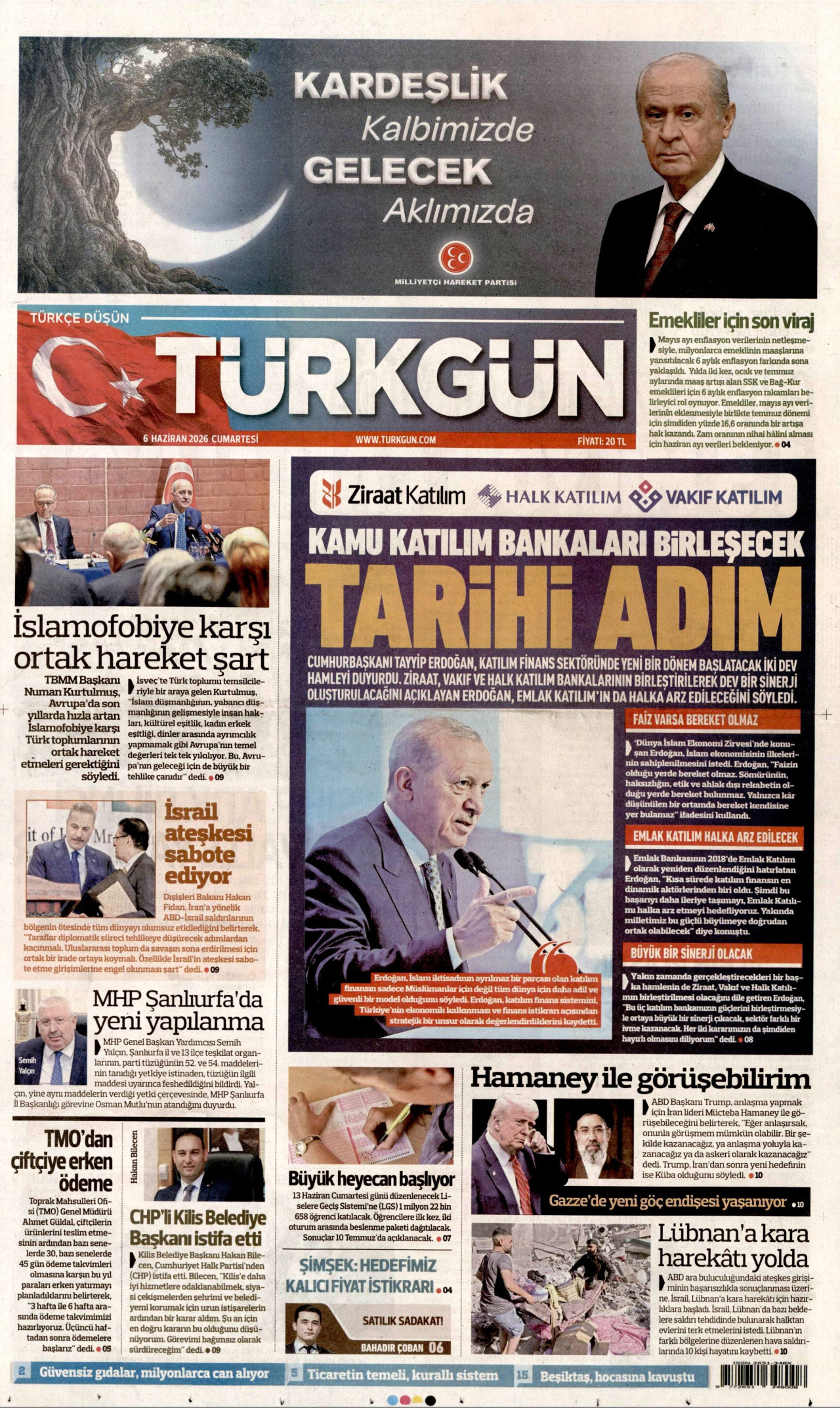 TÜRKGÜN gazetesinin 6 Haziran 2026 tarihli birinci sayfası