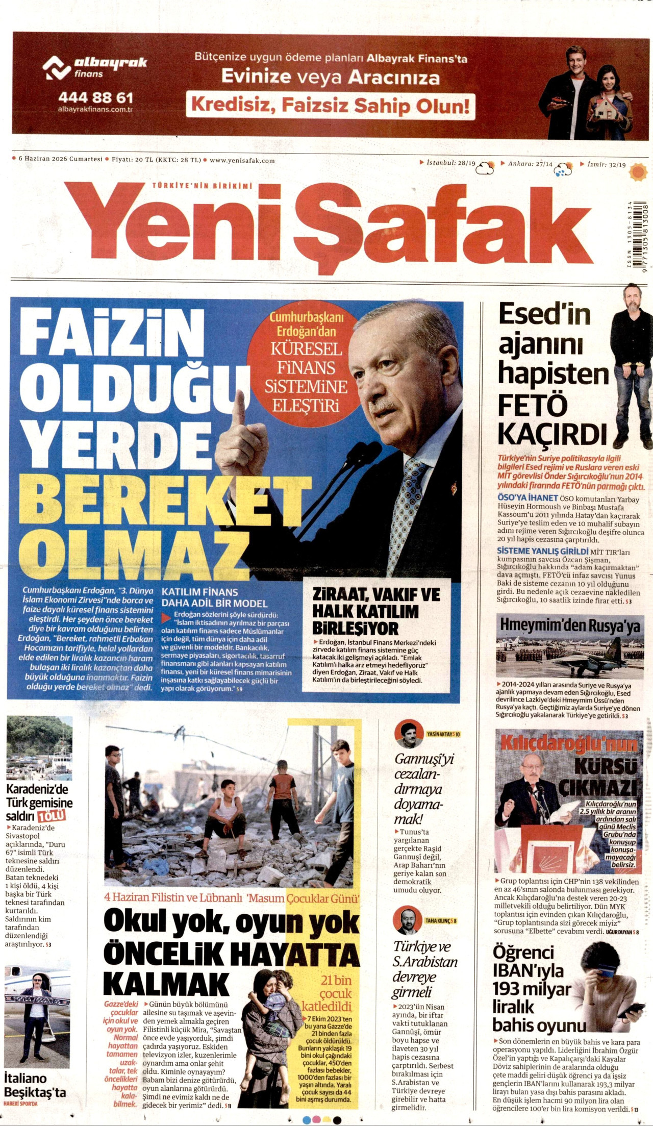 YENİ ŞAFAK gazetesinin 6 Haziran 2026 tarihli birinci sayfası