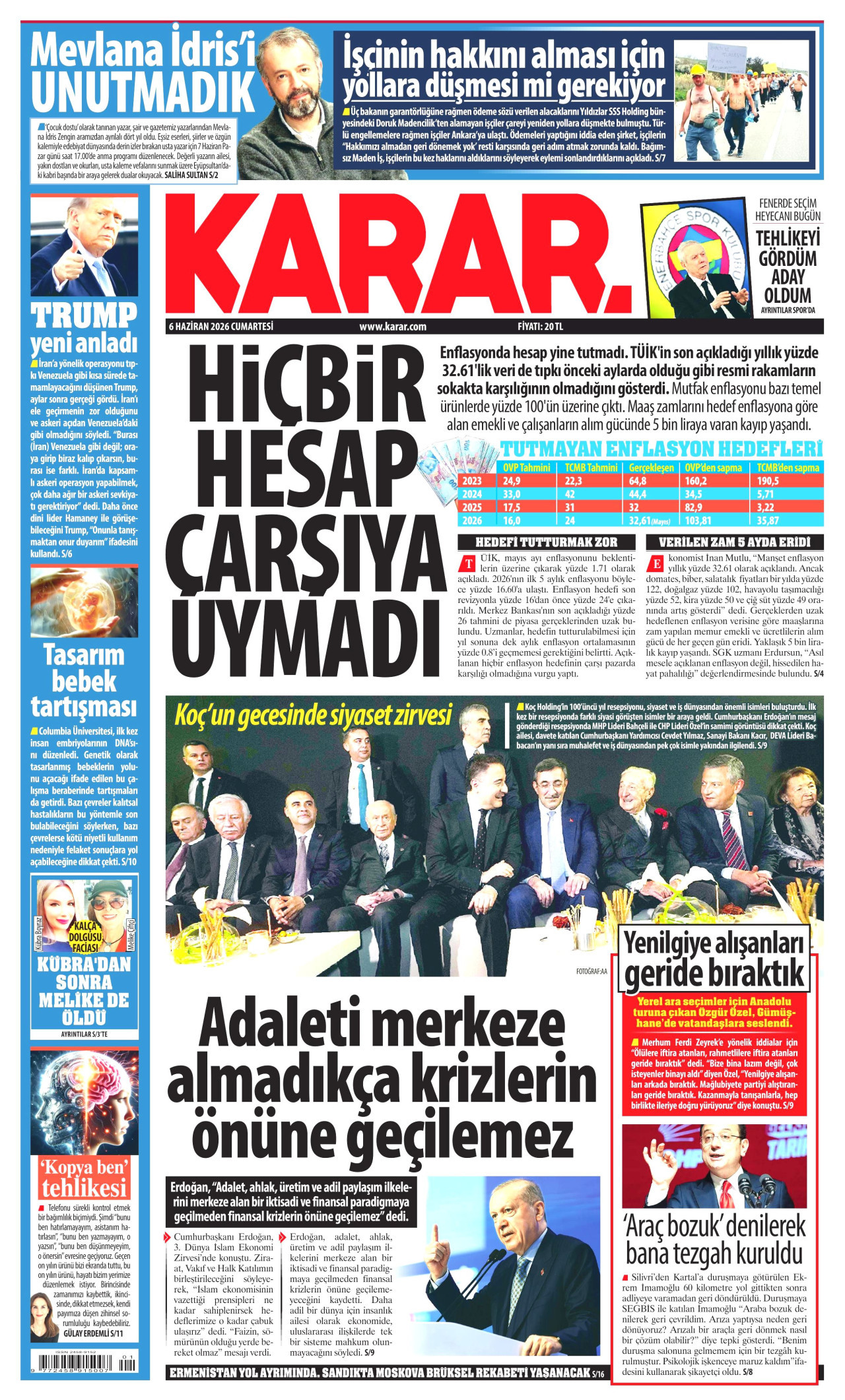 KARAR gazetesinin 6 Haziran 2026 tarihli birinci sayfası
