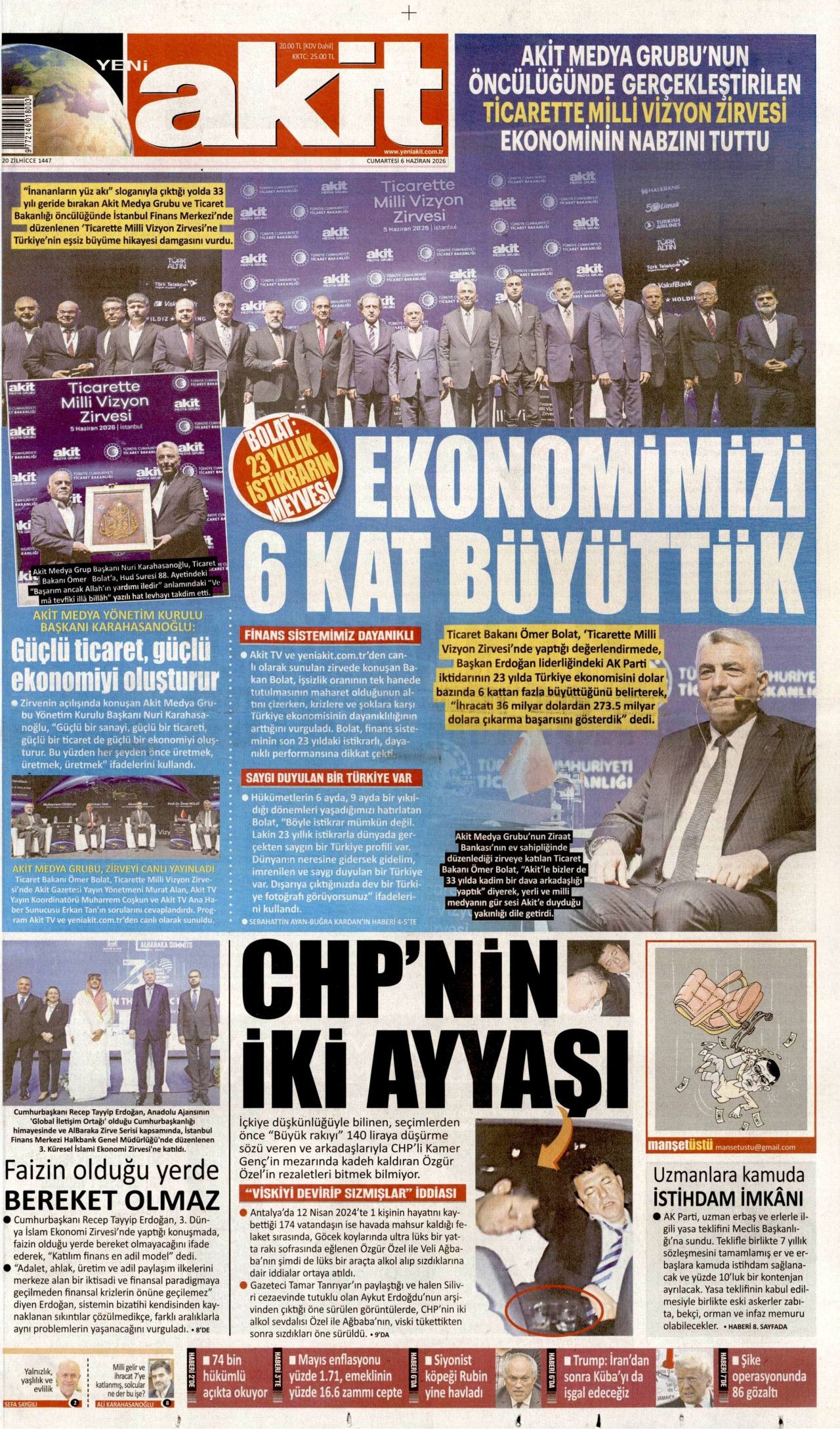 YENİ AKİT gazetesinin 6 Haziran 2026 tarihli birinci sayfası