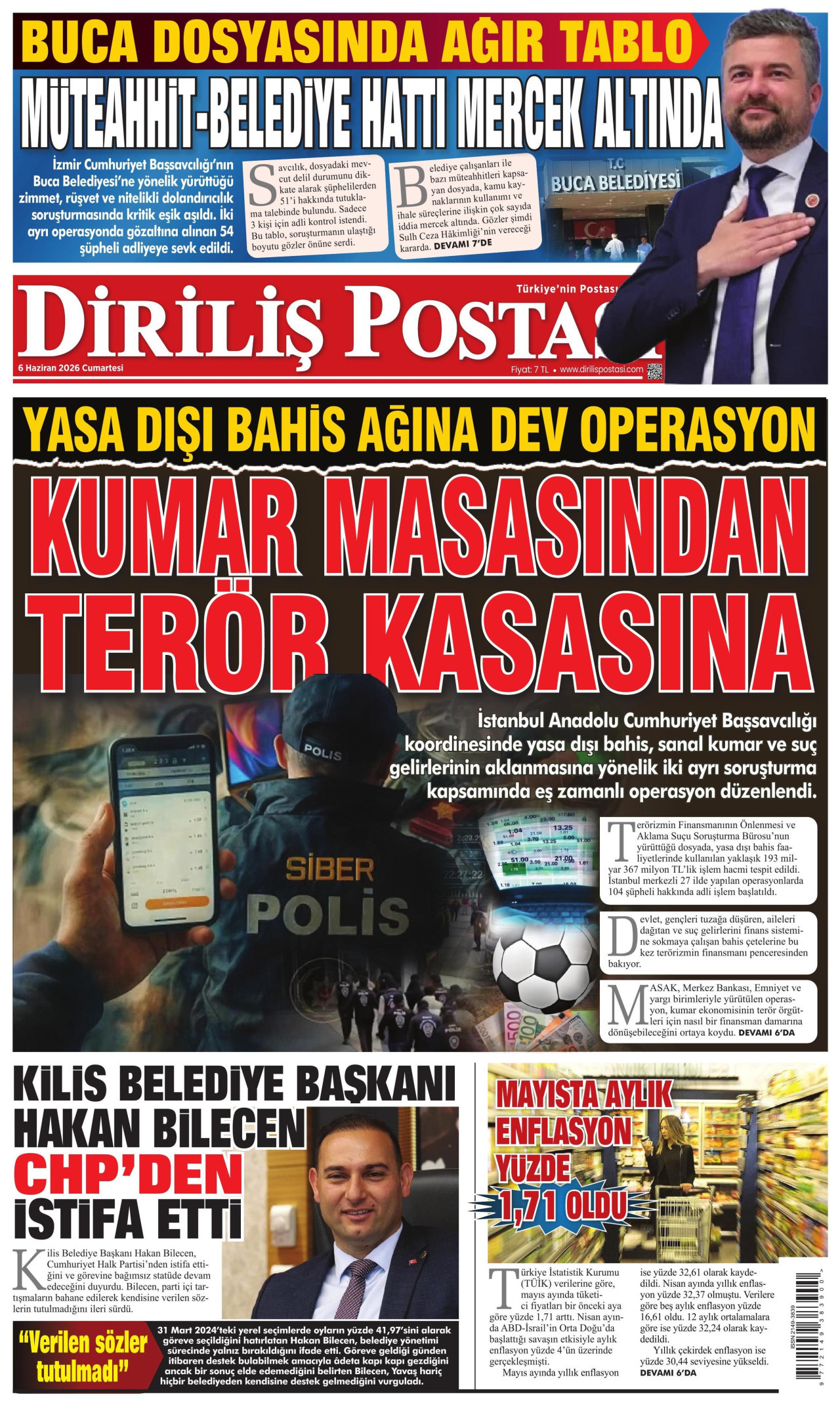 DİRİLİŞ POSTASI gazetesinin 6 Haziran 2026 tarihli birinci sayfası