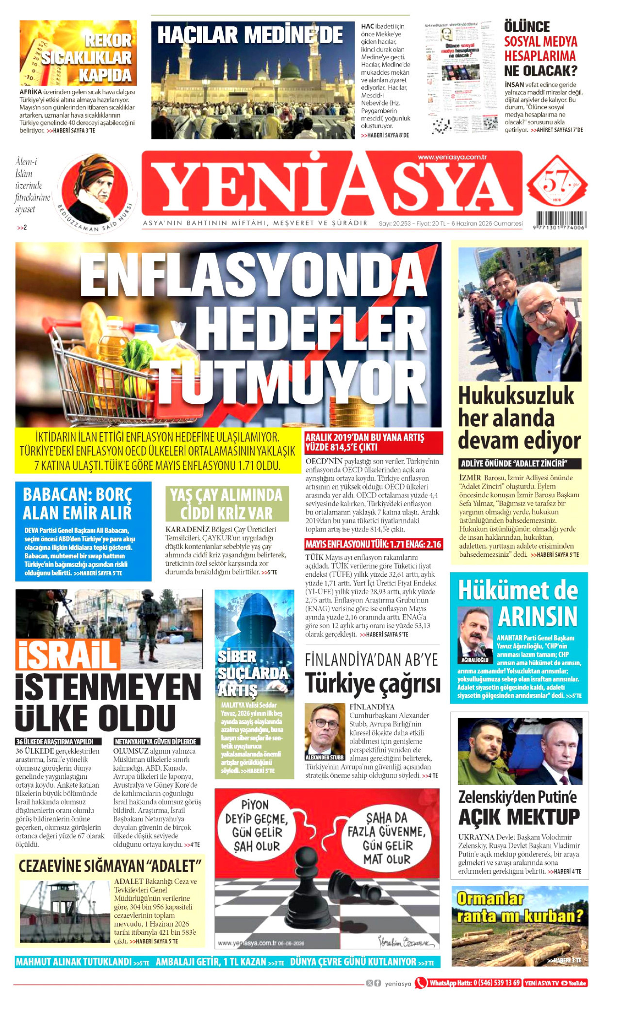 YENİ ASYA gazetesinin 6 Haziran 2026 tarihli birinci sayfası