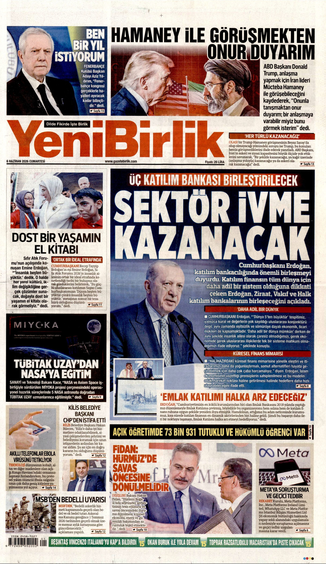 YENİBİRLİK gazetesinin 6 Haziran 2026 tarihli birinci sayfası