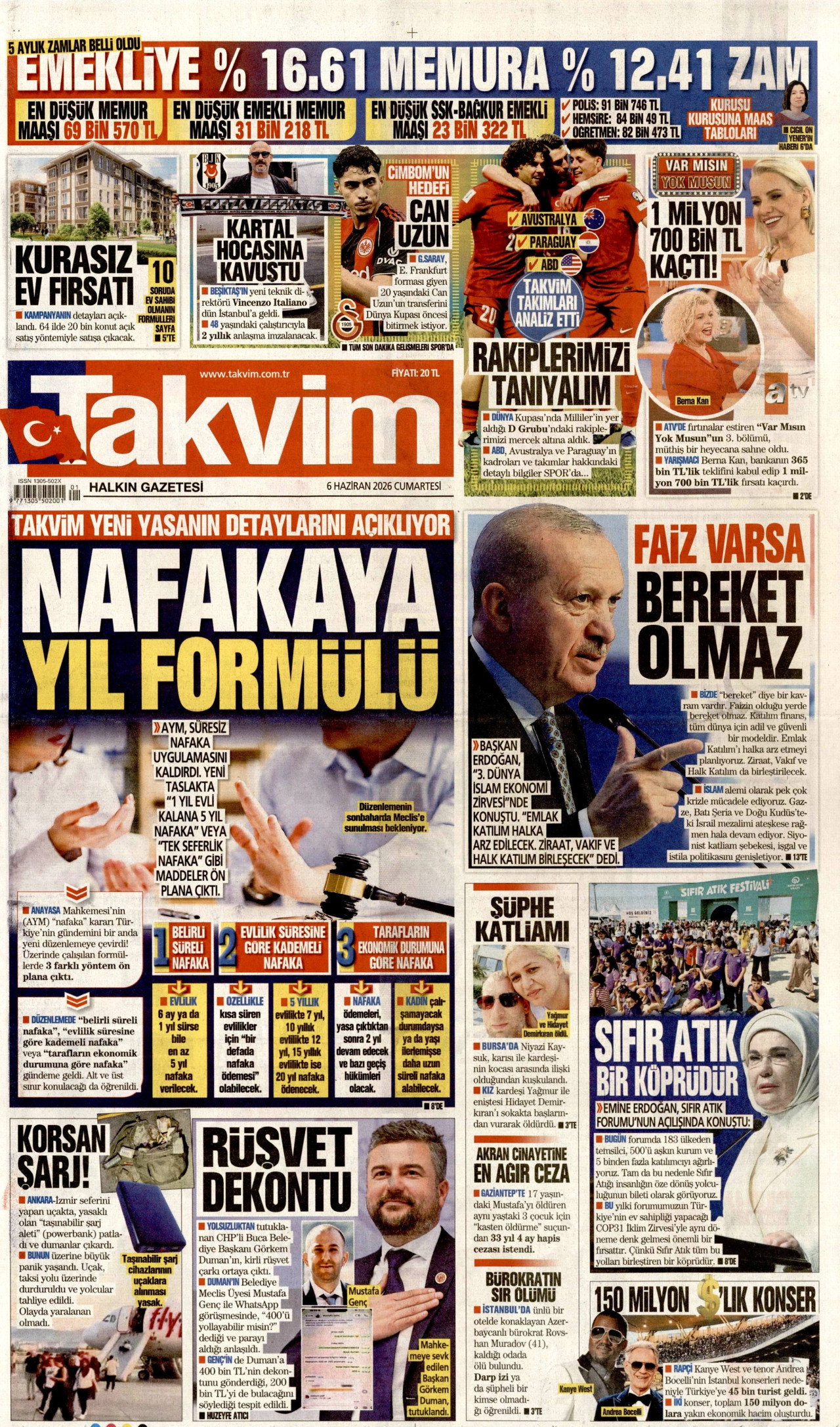 TAKVİM gazetesinin 6 Haziran 2026 tarihli birinci sayfası