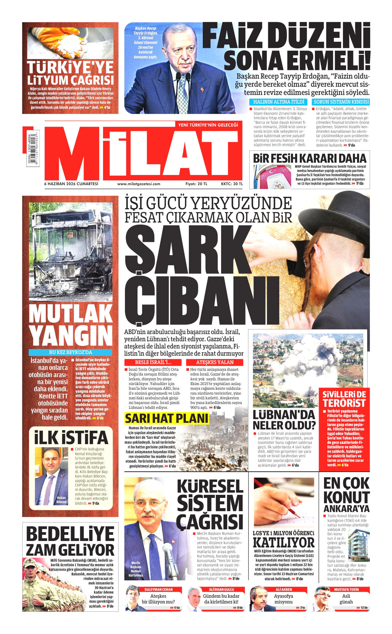 MİLAT gazetesinin 6 Haziran 2026 tarihli birinci sayfası