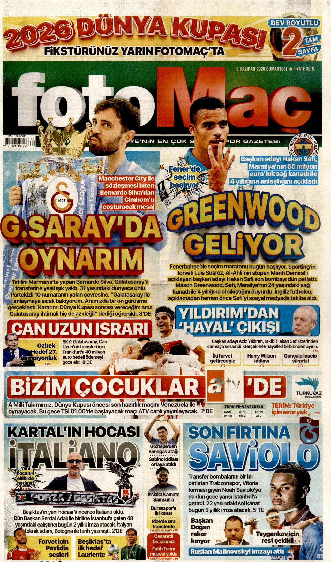 FOTOMAÇ gazetesinin 6 Haziran 2026 tarihli birinci sayfası