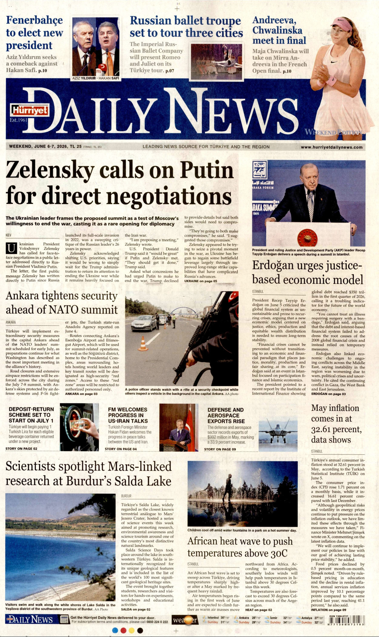 HÜRRİYET DAİLY NEWS gazetesinin 6 Haziran 2026 tarihli birinci sayfası