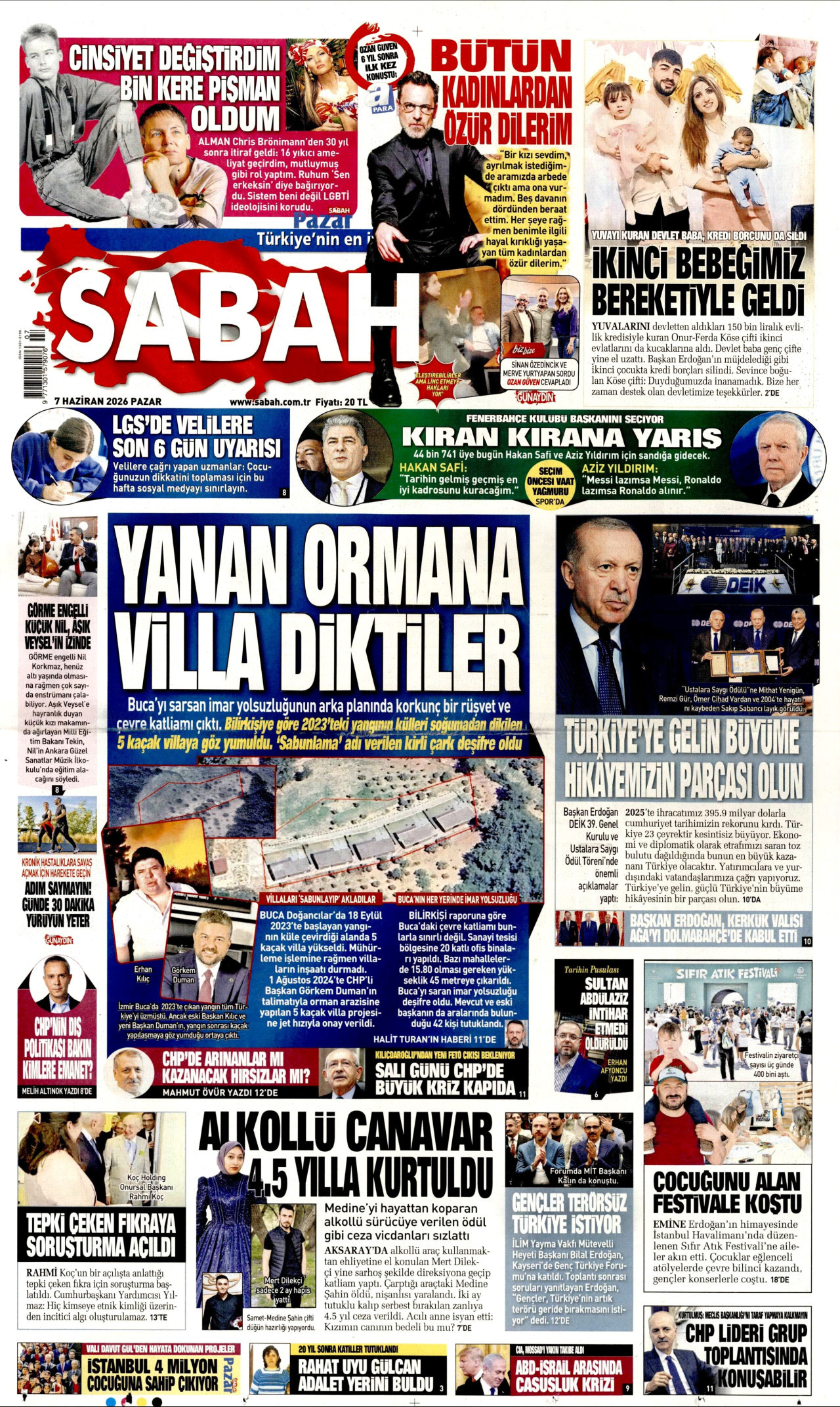 SABAH gazetesinin 7 Haziran 2026 tarihli birinci sayfası