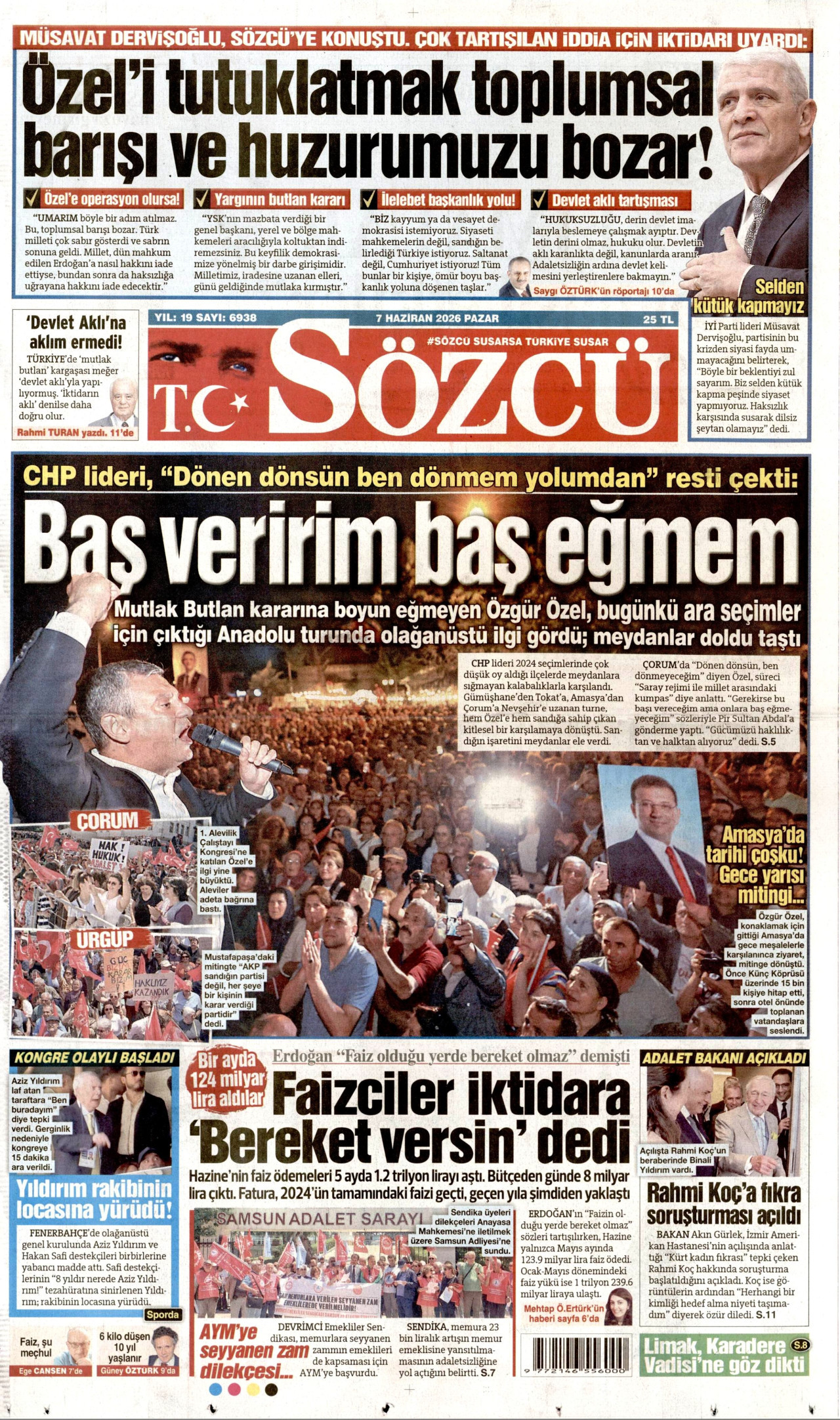SÖZCÜ gazetesinin 7 Haziran 2026 tarihli birinci sayfası