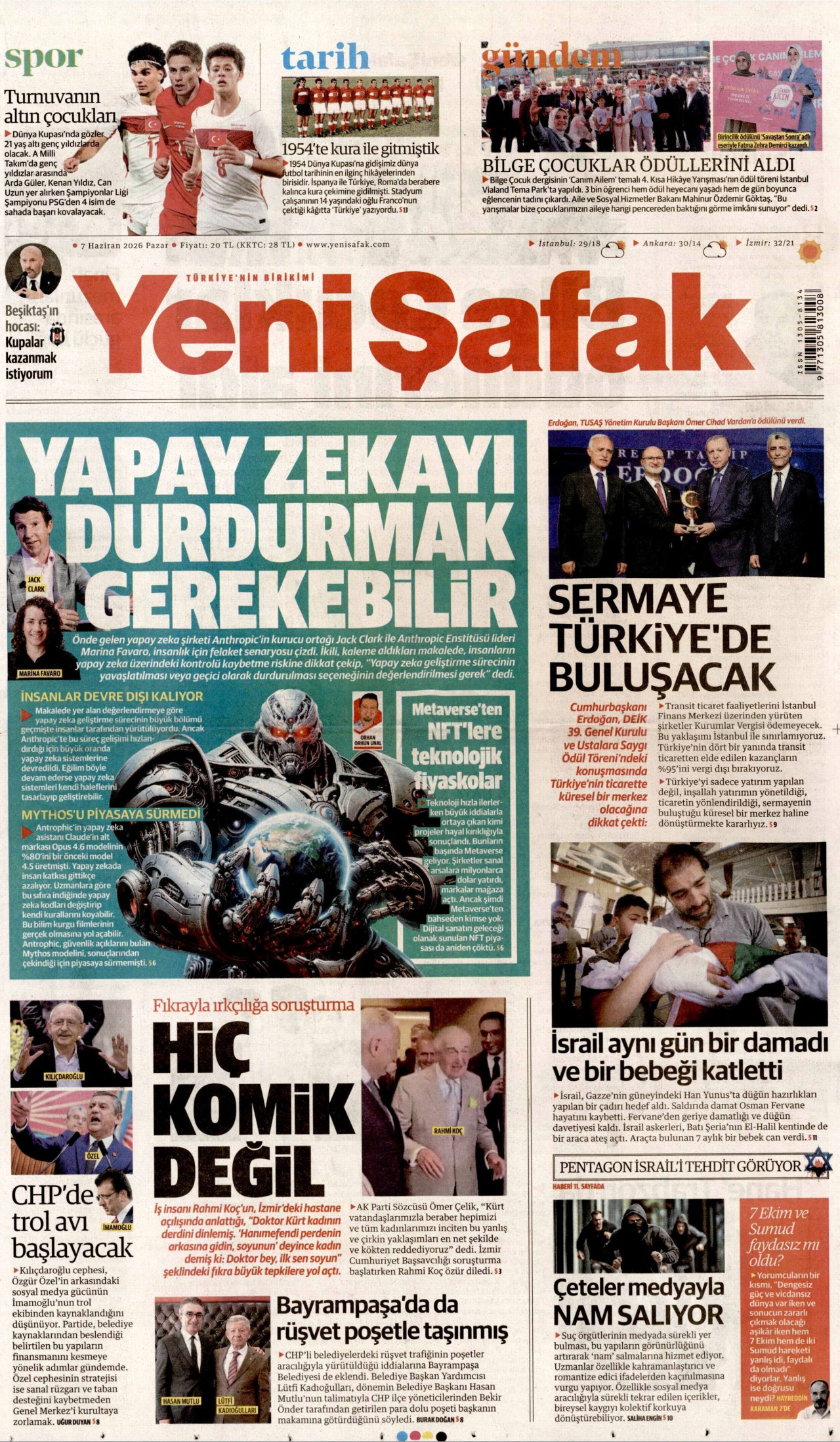YENİ ŞAFAK gazetesinin 7 Haziran 2026 tarihli birinci sayfası