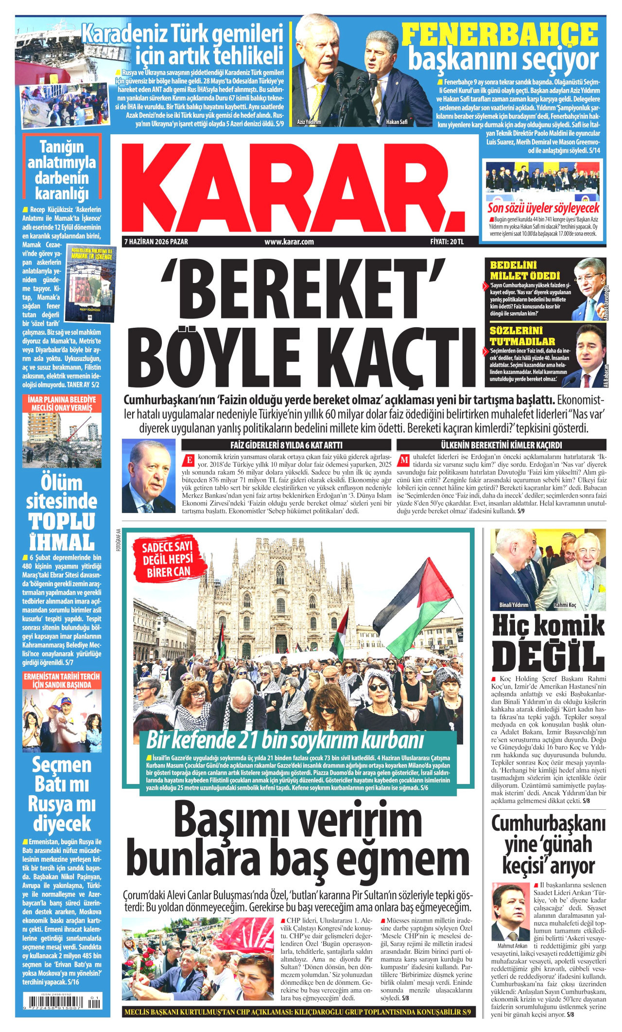 KARAR gazetesinin 7 Haziran 2026 tarihli birinci sayfası