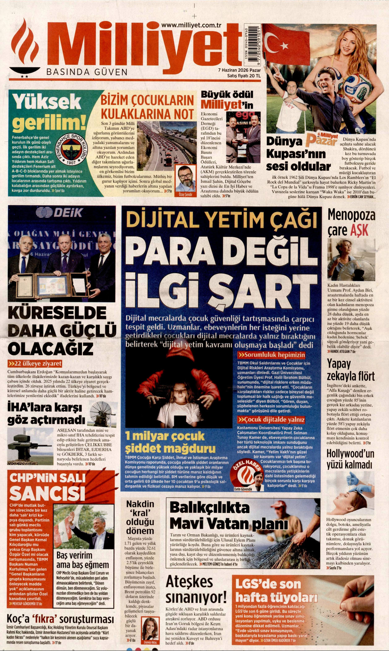 MİLLİYET gazetesinin 7 Haziran 2026 tarihli birinci sayfası