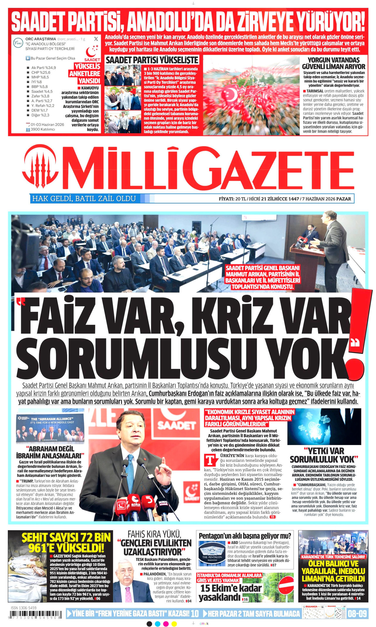 MİLLİ GAZETE gazetesinin 7 Haziran 2026 tarihli birinci sayfası