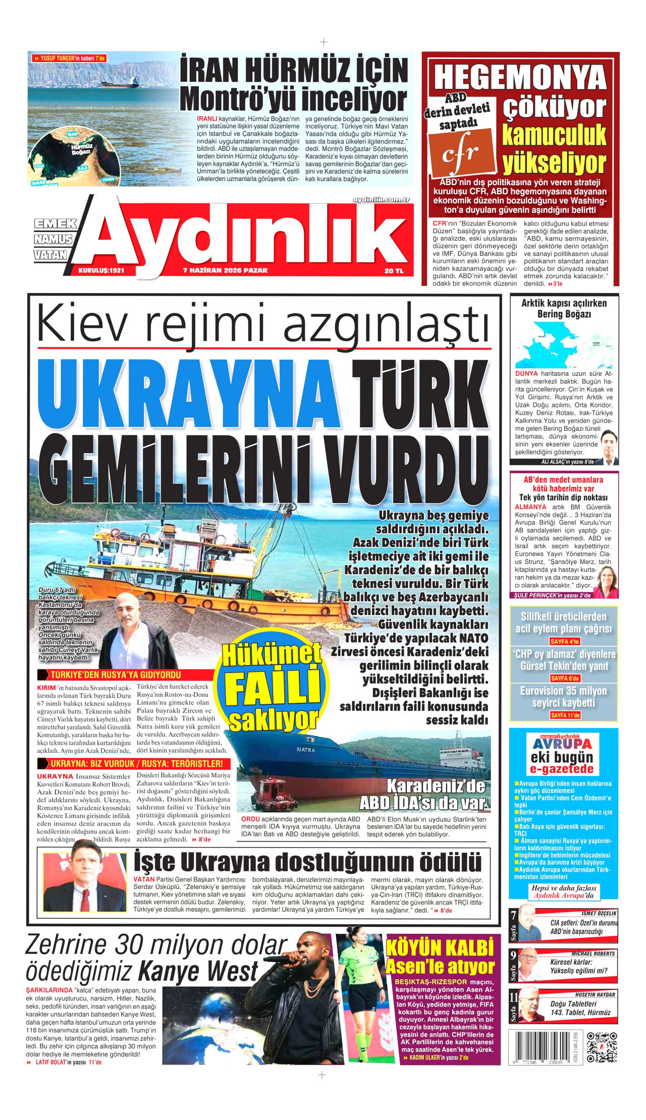 AYDINLIK GAZETESİ gazetesinin 7 Haziran 2026 tarihli birinci sayfası