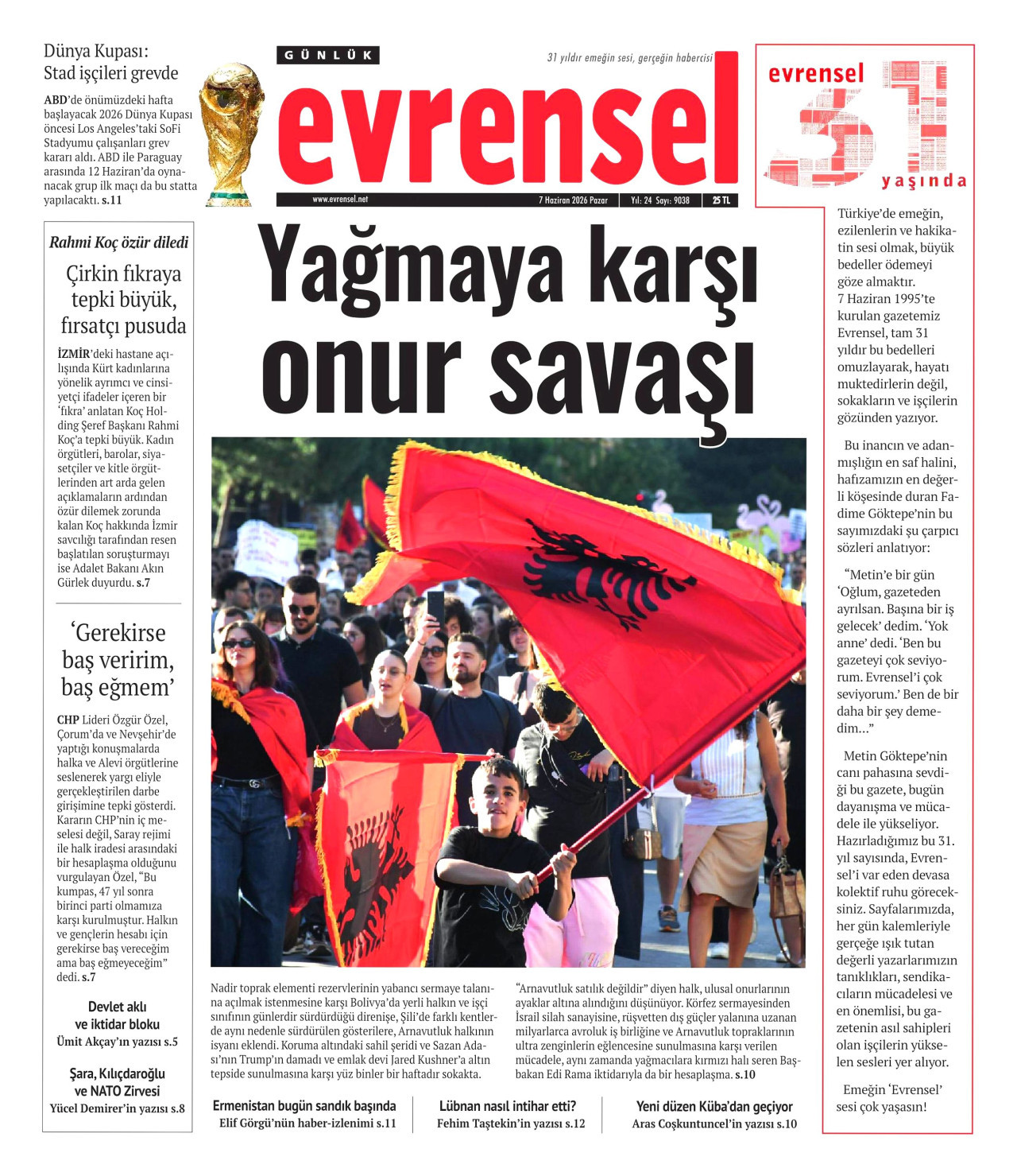 EVRENSEL gazetesinin 7 Haziran 2026 tarihli birinci sayfası