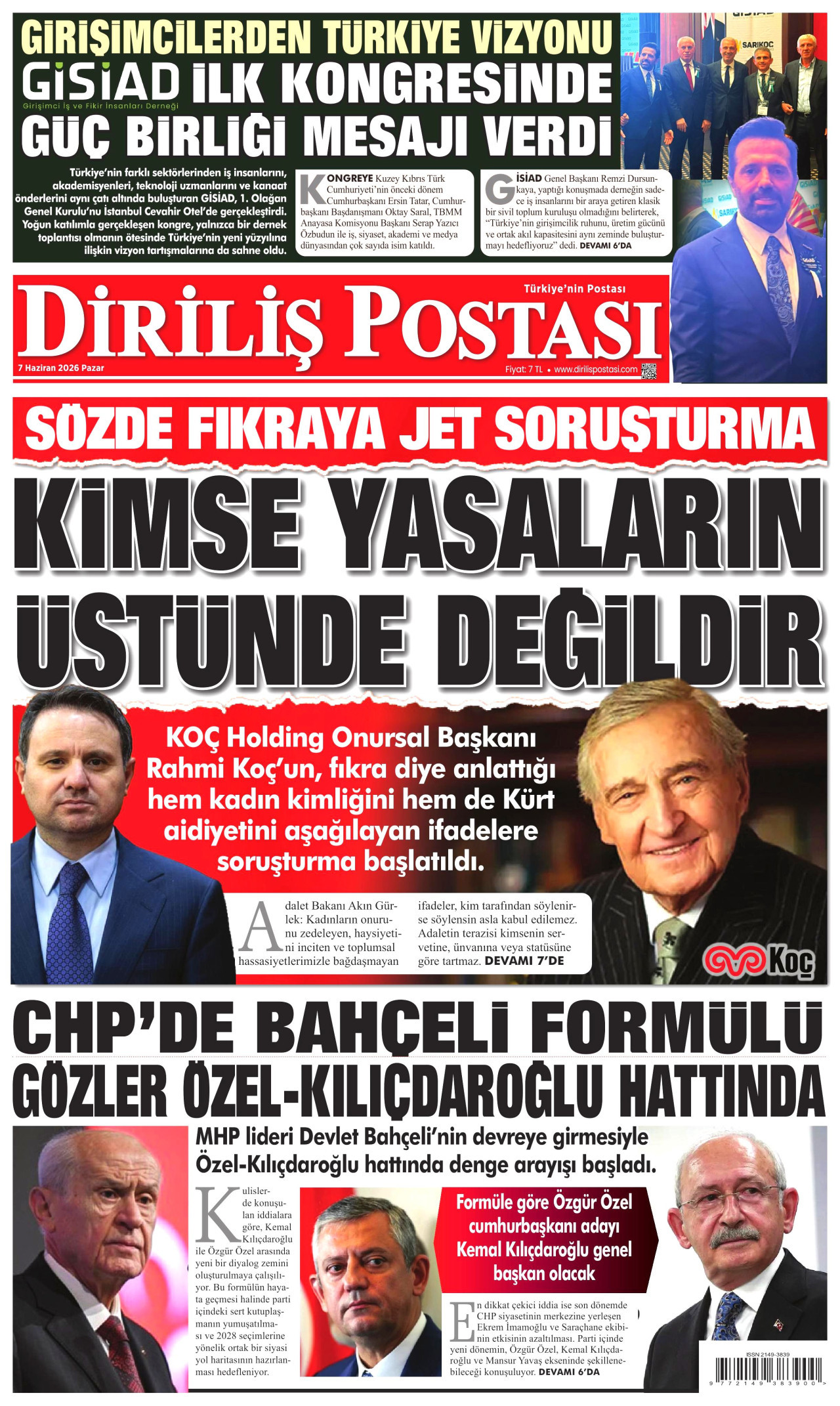 DİRİLİŞ POSTASI gazetesinin 7 Haziran 2026 tarihli birinci sayfası