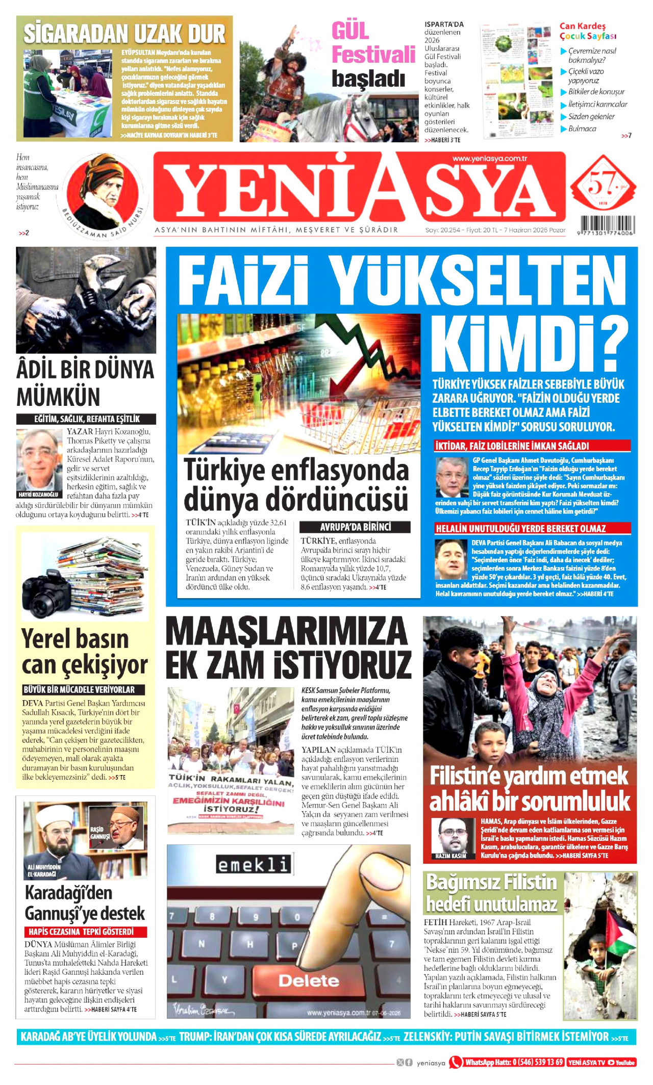 YENİ ASYA gazetesinin 7 Haziran 2026 tarihli birinci sayfası