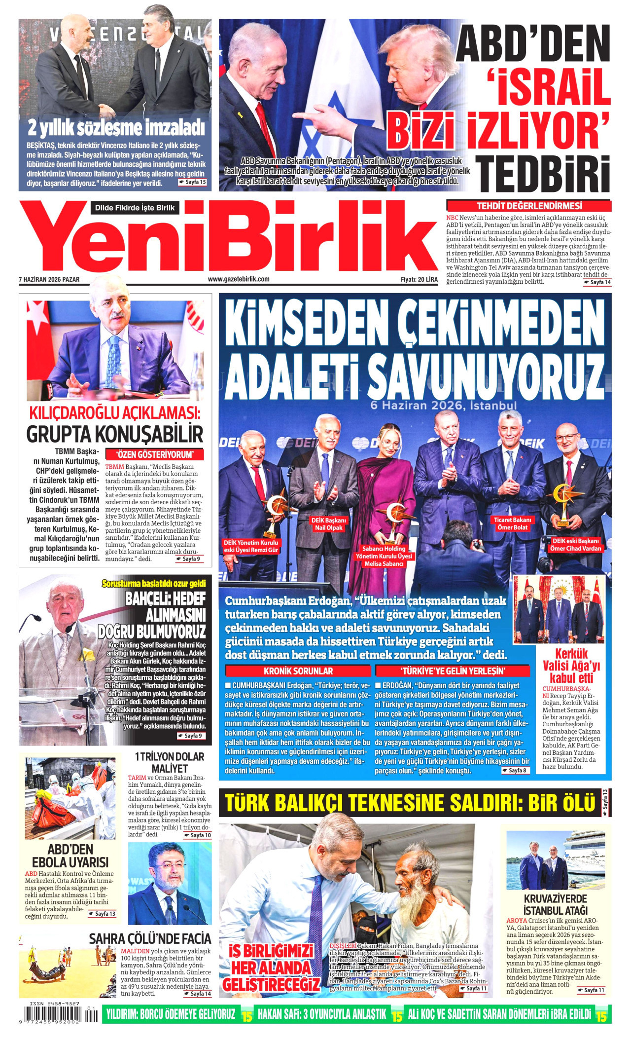 YENİBİRLİK gazetesinin 7 Haziran 2026 tarihli birinci sayfası