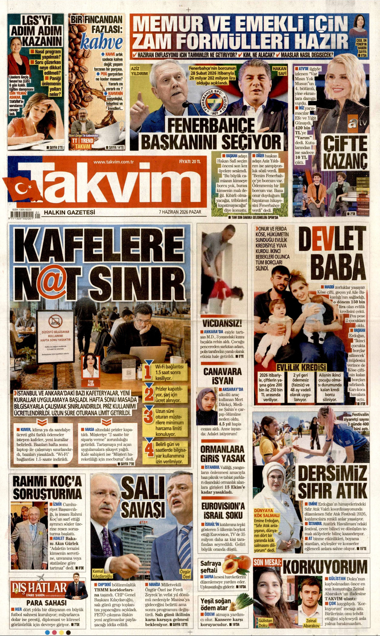 TAKVİM gazetesinin 7 Haziran 2026 tarihli birinci sayfası
