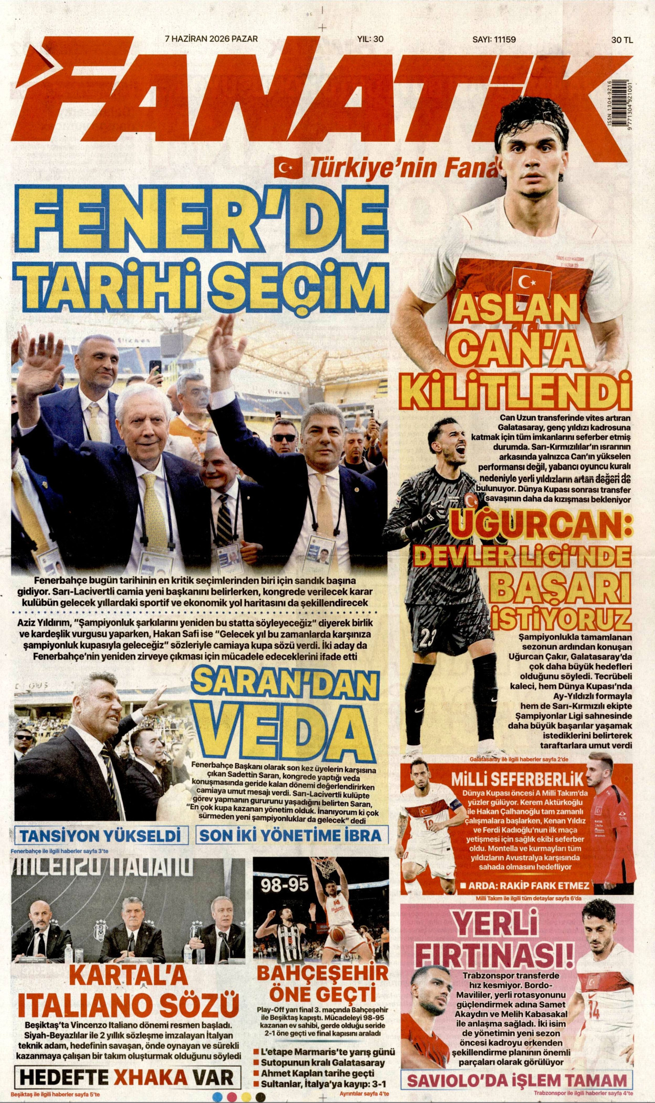 FANATİK gazetesinin 7 Haziran 2026 tarihli birinci sayfası