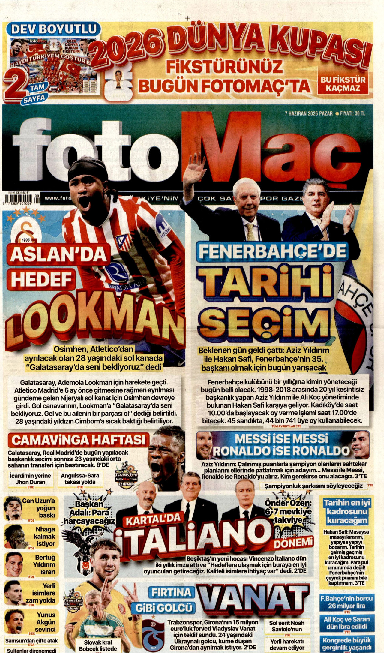 FOTOMAÇ gazetesinin 7 Haziran 2026 tarihli birinci sayfası